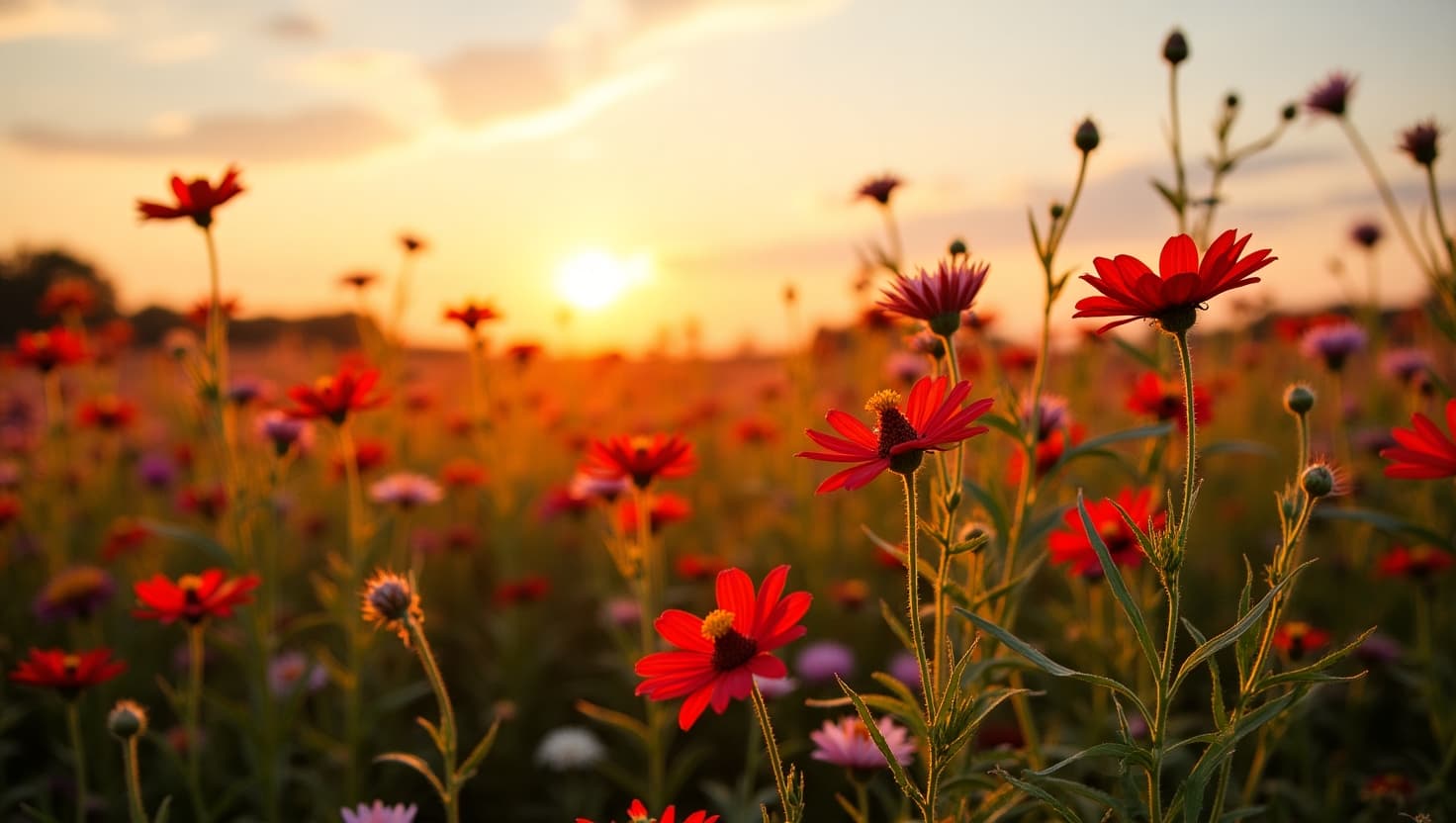AI generated: A serene evening sunset with warm, golden light illuminating a lush field of vibrant, multicolored w...