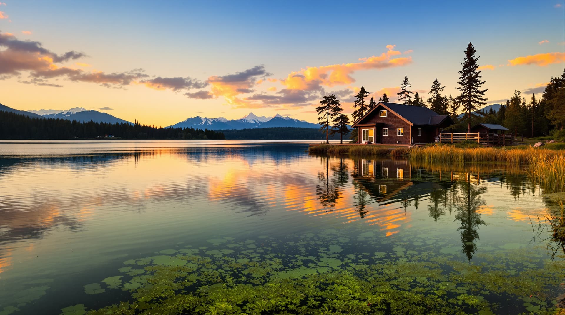 AI generated: a picturesque cottage by a clear lake at sunset.