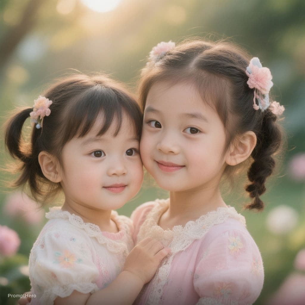 AI generated: A pretty 5 year old Chinese girl is playing at the garden
