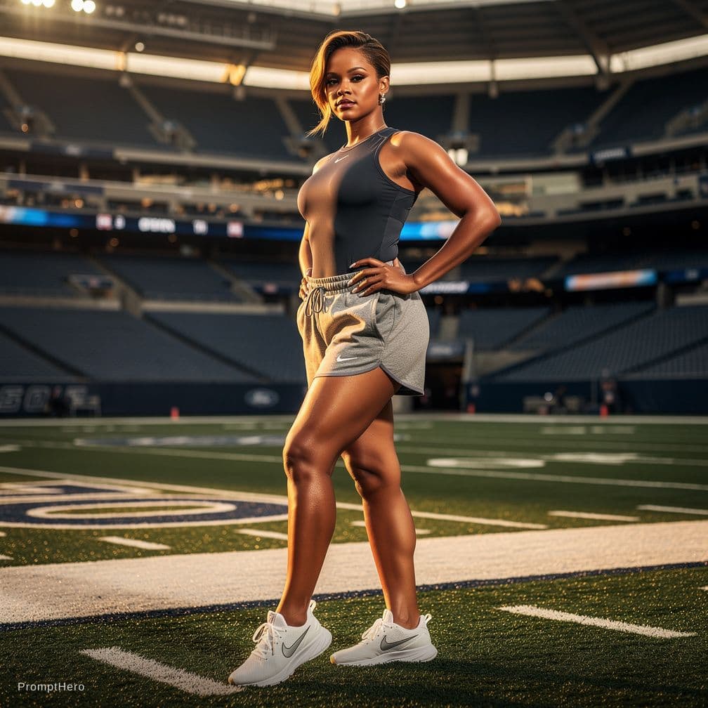 AI generated: imagine Rhianna at Ford Field, posing topless, wearing tight sweat shorts and Nike shoes, tanned ski...