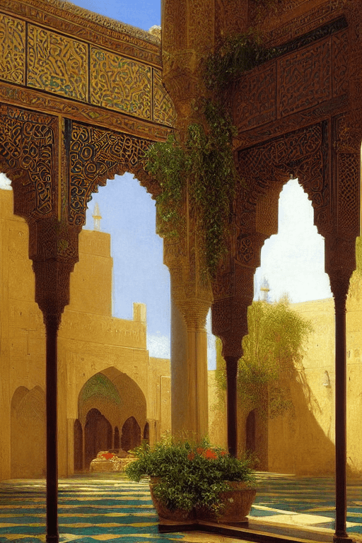 AI generated: Hanging gardens, architecture, monastery, mosque, vibrant flowers. Persian moroccan architecture, by...