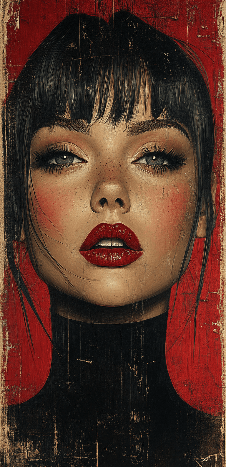 AI generated: drawing of a woman, in the style of movie poster, red, vintage-inspired designs, detail-oriented, ba...