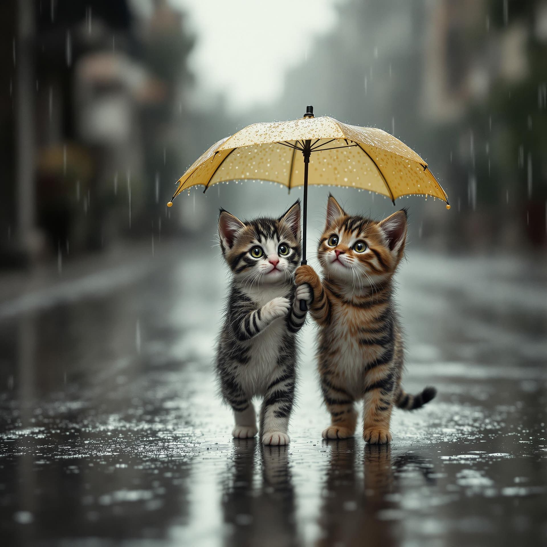 AI generated: A small, black-and-white spotted kitten walks alone in the rain, its fragile body drenched as water ...