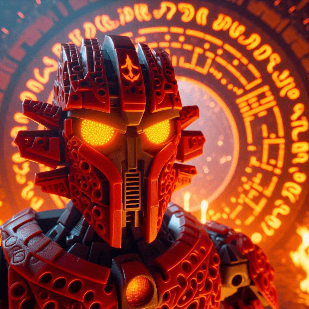 AI generated: Close-up Star Wars CGI rendering of a red Bionicle Toa of Fire robot with orange eyes and a mask sta...