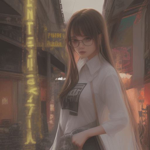 AI generated: a ukranian girl, with long white-brown hair, wear glasses,  is standing in a city in front of a neon...