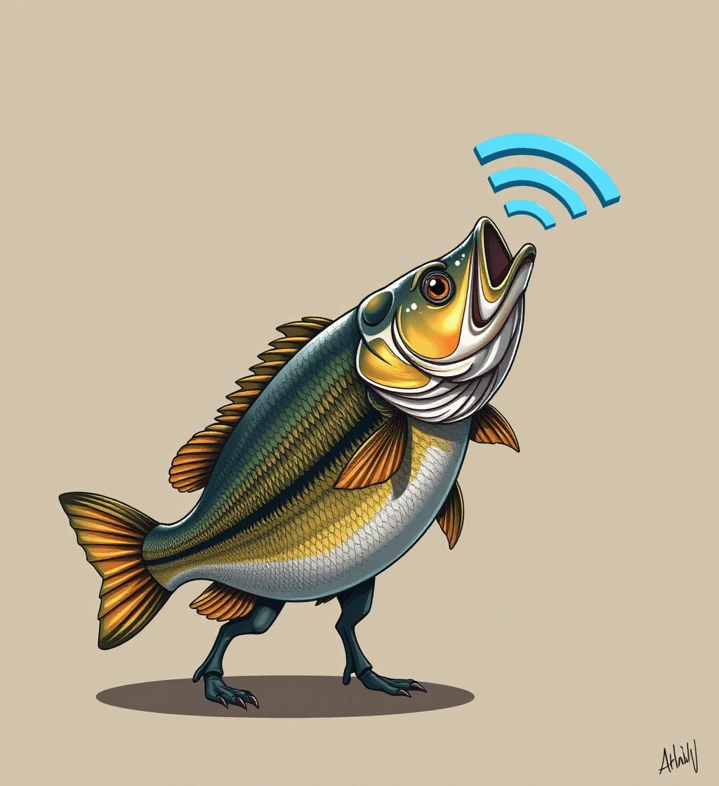 AI generated: Ein glÃ¤nzender Walking Bass, der sich zu einem WLAN-Signal krÃ¼mmt.âââ