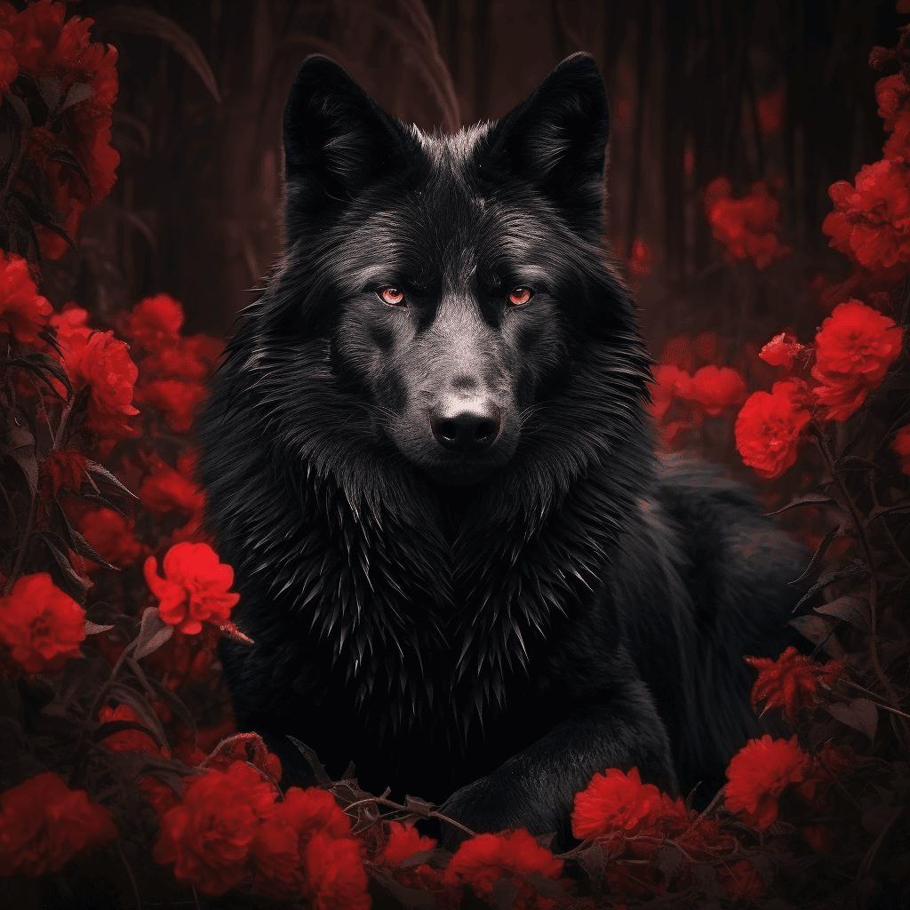 AI generated: black wolf tribal, black, red, garden background, flowers