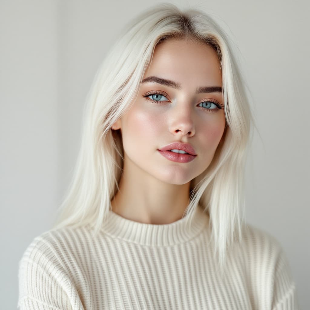 AI generated: A 26-year-old American woman with platinum blonde straight hair, diamond-shaped face, and porcelain ...