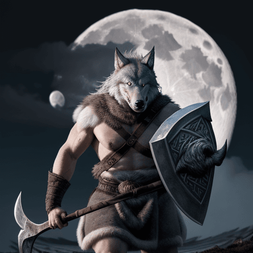AI generated: a viking wolf wearing a blindfold over its eyes carrying a axe with a full moon behind him, hyper re...
