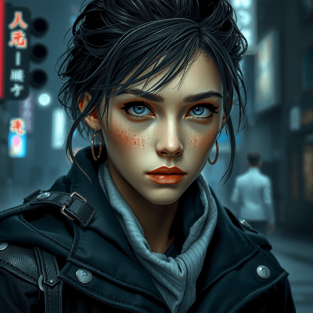 AI generated: a detailed portrait of European Pretty Young Girl Storm Rain movie Jacket coat, Futuristic sci-fi fa...