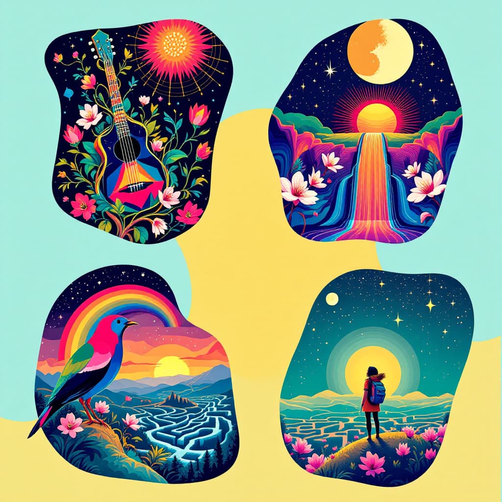 AI generated: A collage of four psychedelic concert posters in asymmetrical shapes, each poster features surrealis...