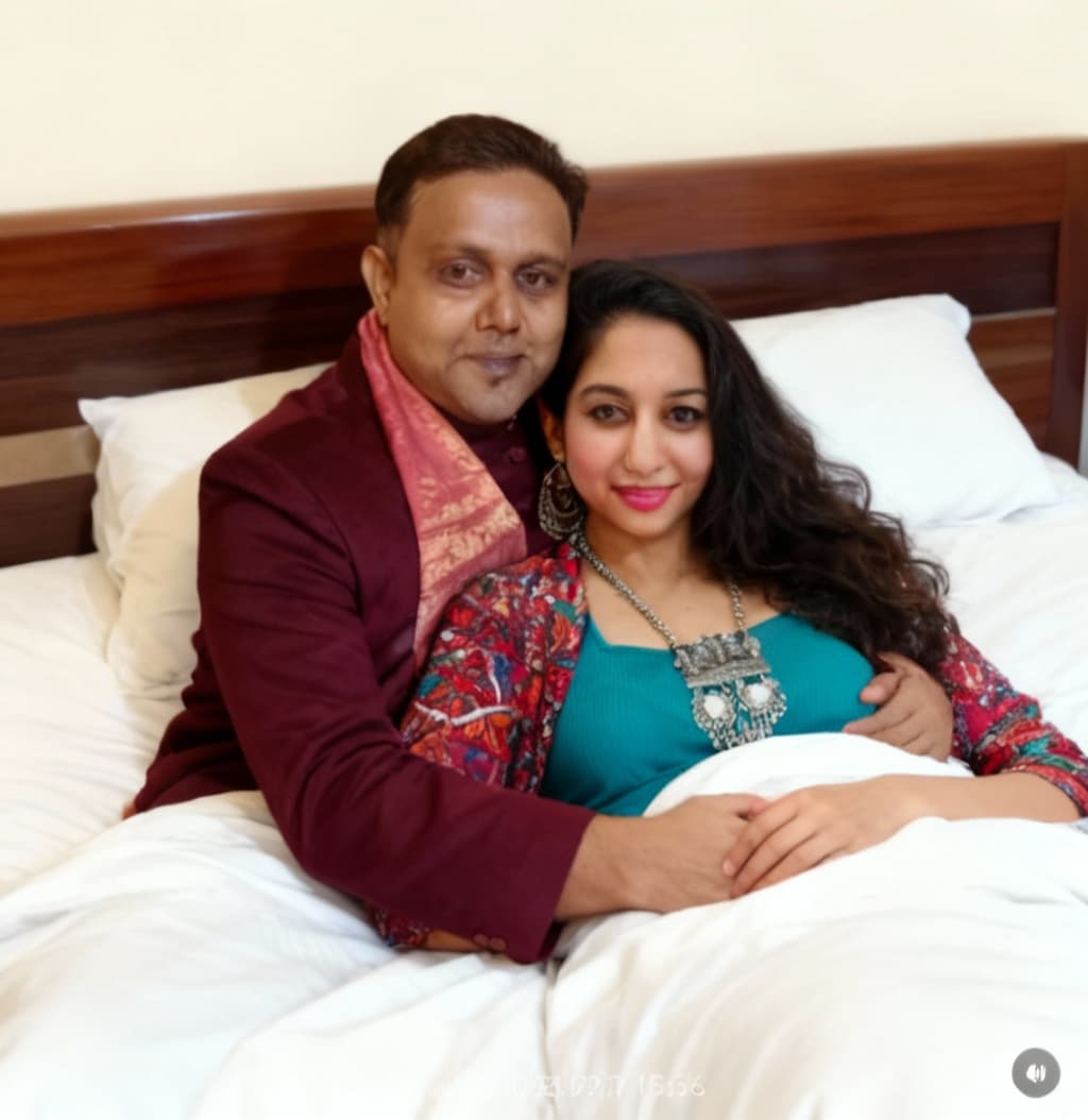 AI generated: Full body shot, full face , couple, husband  and wife, laying in bed together , husband cuddling wif...