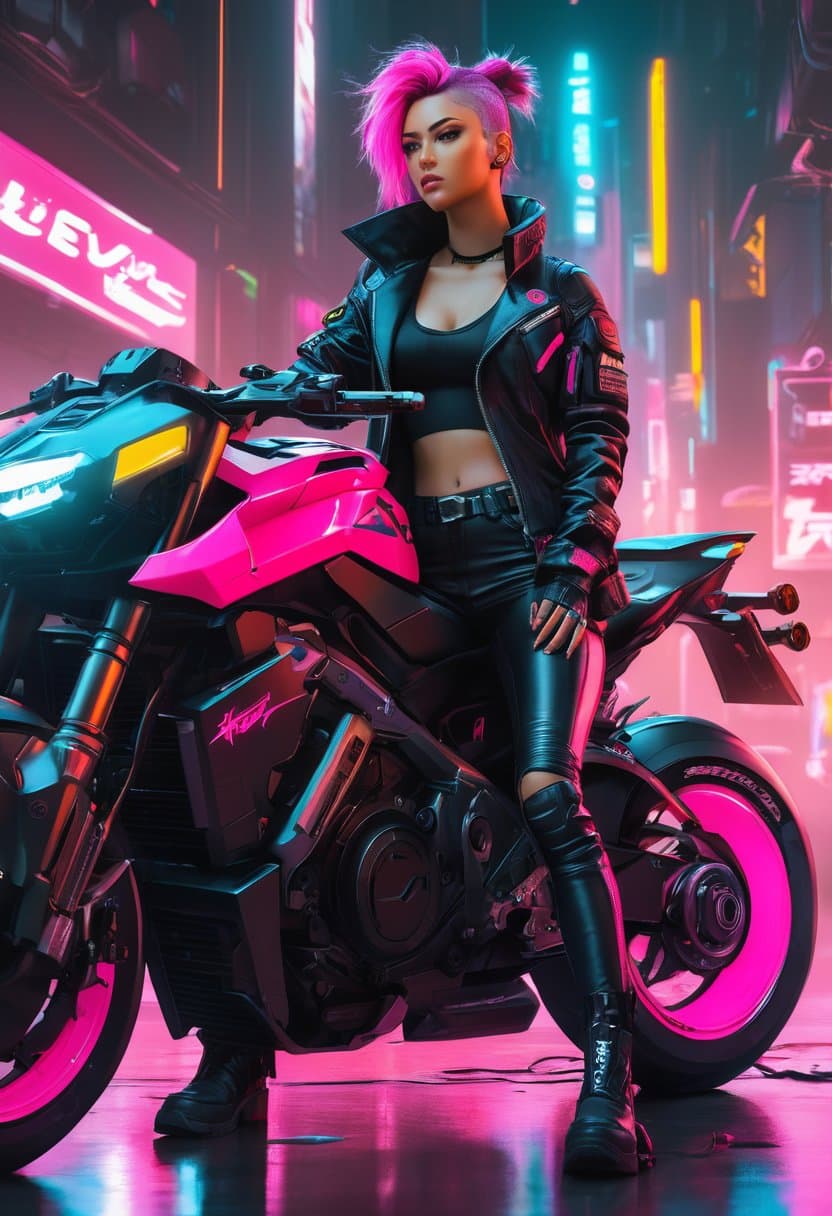 AI generated: araffe sitting on a motorcycle with a pink seat and black pants, sitting on cyberpunk motorbike, cyb...