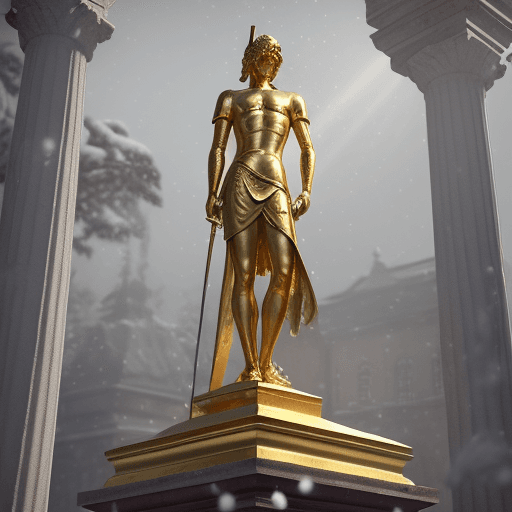 AI generated: On a tall column stands the statue of a prince. The golden paint it is gilded with is peeling.  The ...