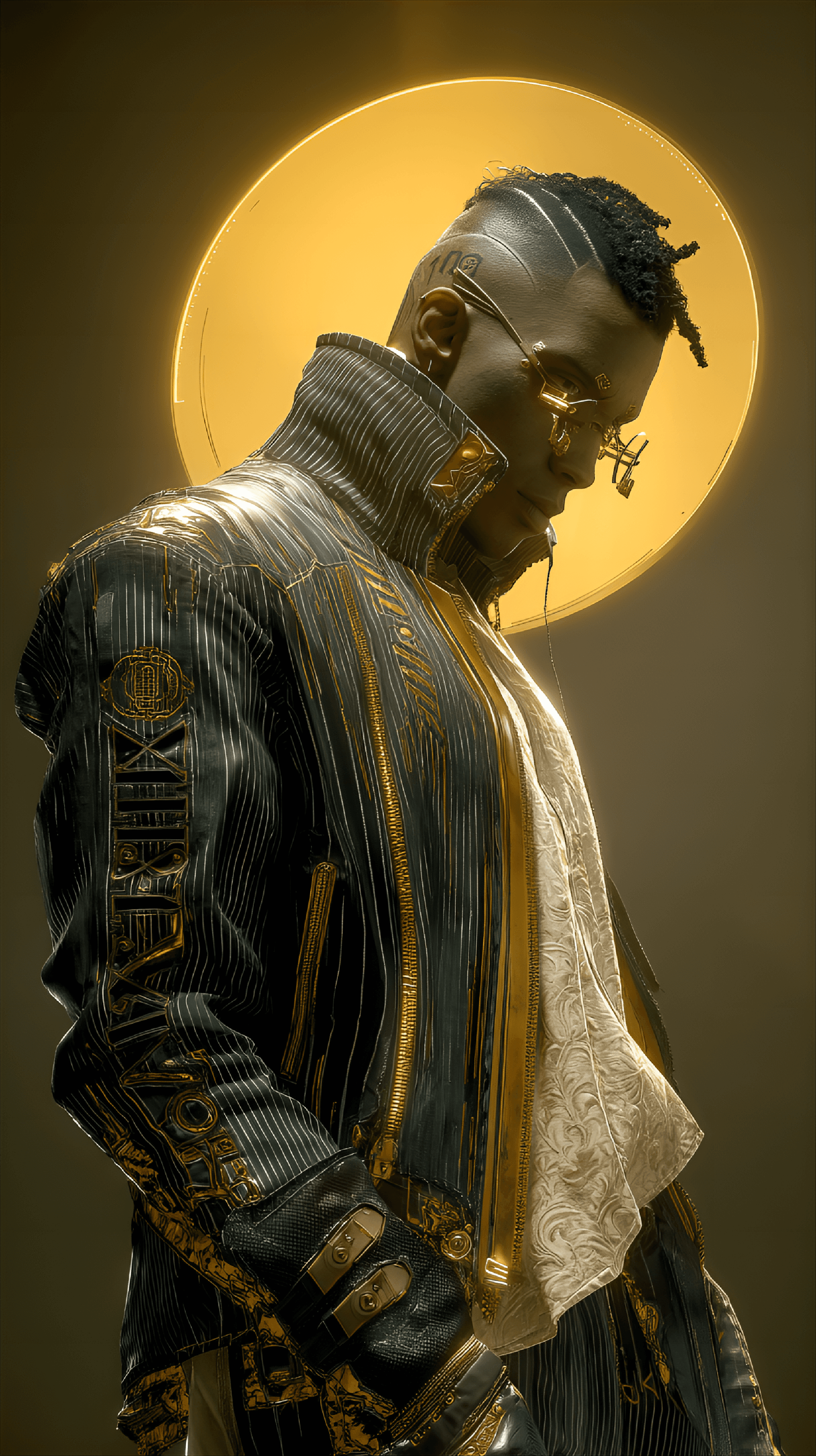 AI generated: Dark-skinned male, mid-20s, wearing a dark gray, futuristic jacket with gold accents and intricate d...