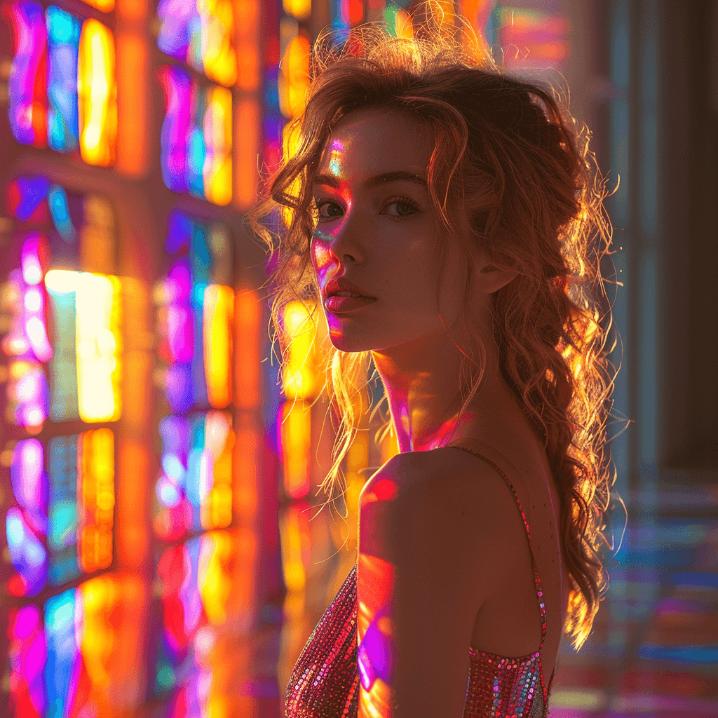 AI generated: a woman stands by stained glass, in the style of backlit photography, photorealistic details, portra...