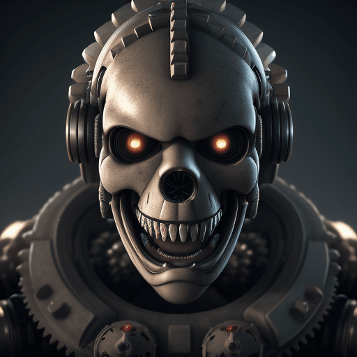 AI generated: friendly mechanical head with gears jaw teeth eyes artwork octane render, trending on  cinematic, hy...