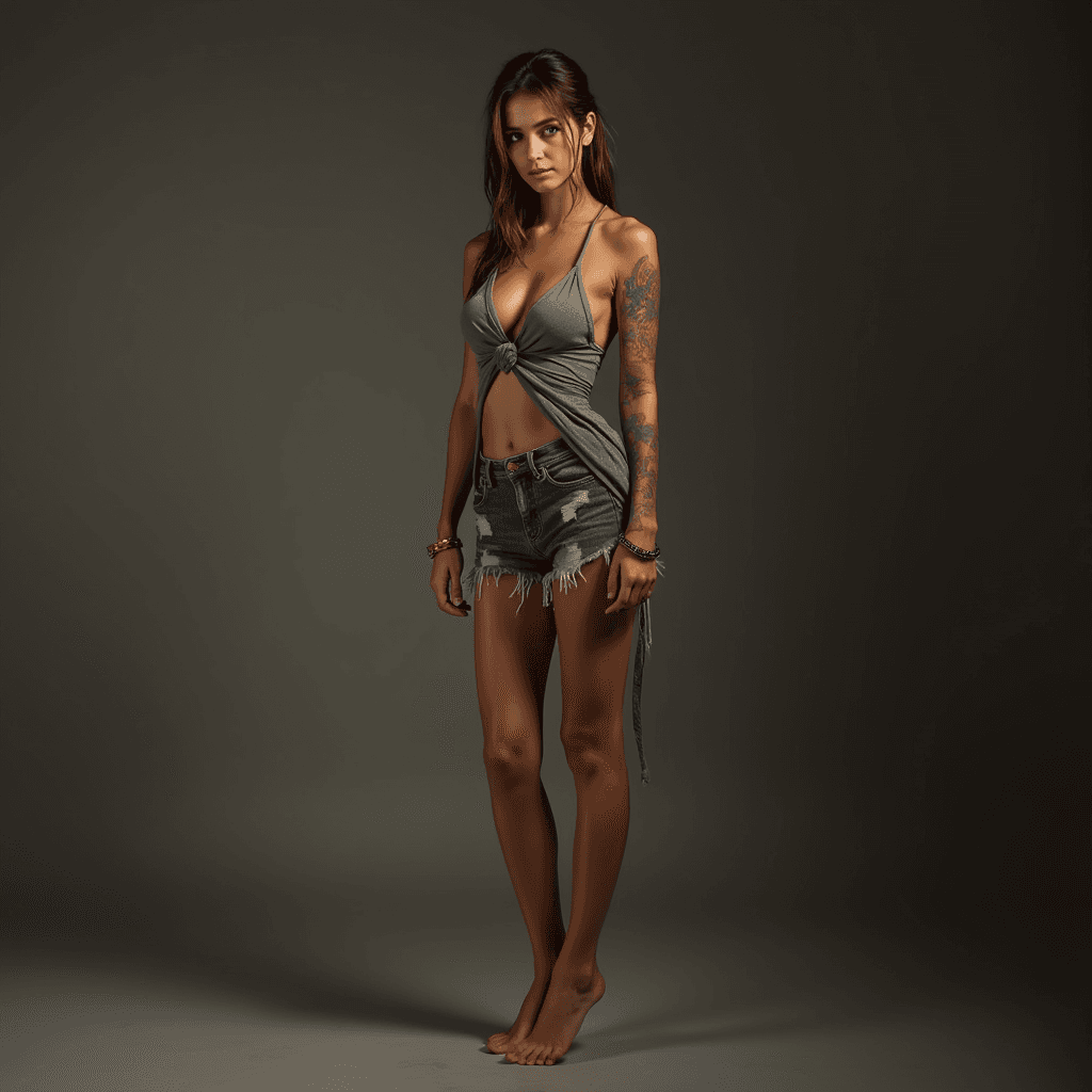 AI generated: Sexy 20 year old girl ,  realistic ,facing viewer,standing, sexy tight clothes, showing lots of skin...