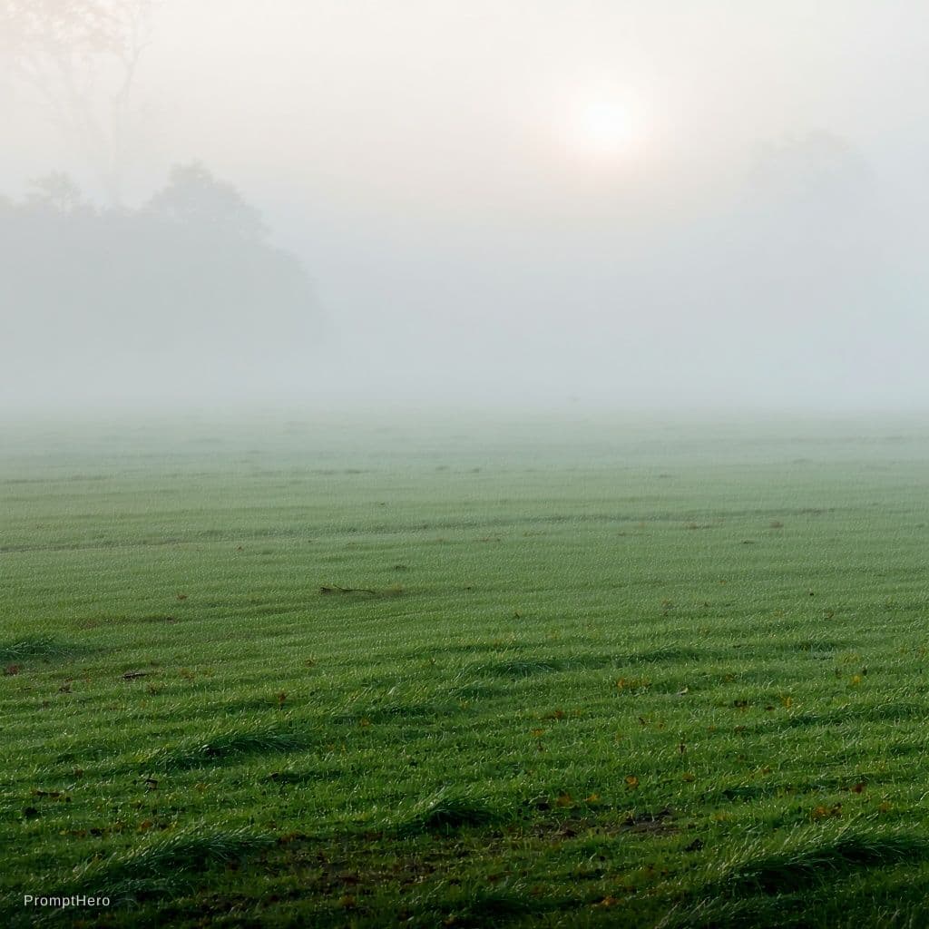AI generated: landscape: “Fog” Early morning, fog over the grass. Cold."