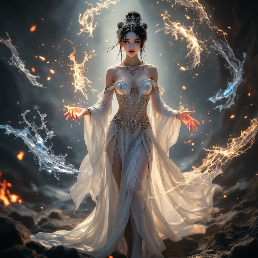 AI generated: Full body view of A gorgeous, slender 19-year-old Japanese-looking witch stands in a magical realm o...