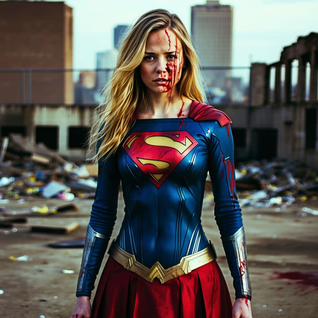 AI generated: Image is a stylized, high-contrast photograph featuring a woman dressed in a tattered superhero cost...