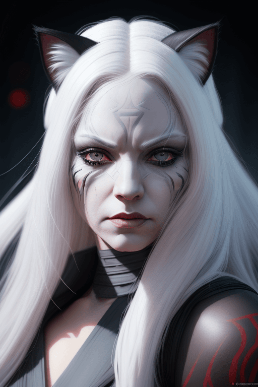 AI generated: Create picture female Sith lord from STAR WARS, white hair, cat ears, beautiful face, detailed face,...