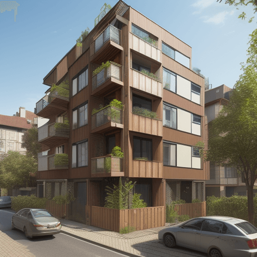 AI generated: a realistic photo of an apartment whose façade is covered by wooden lattice located in a small city ...