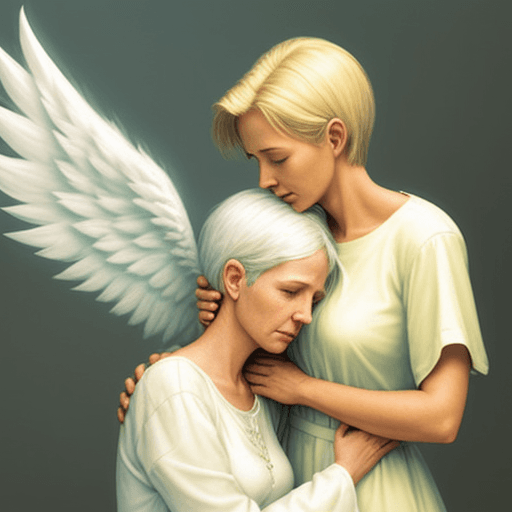 AI generated: picture of an angel comforting a woman who has just been diagnosed with cancer