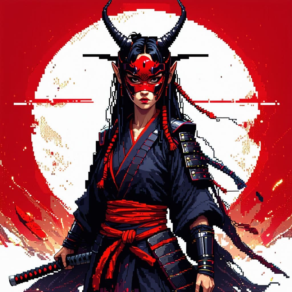 AI generated: 16-bit pixel, Full body shot, of a beautiful stunning alluring female kunoichi, above her head is On...