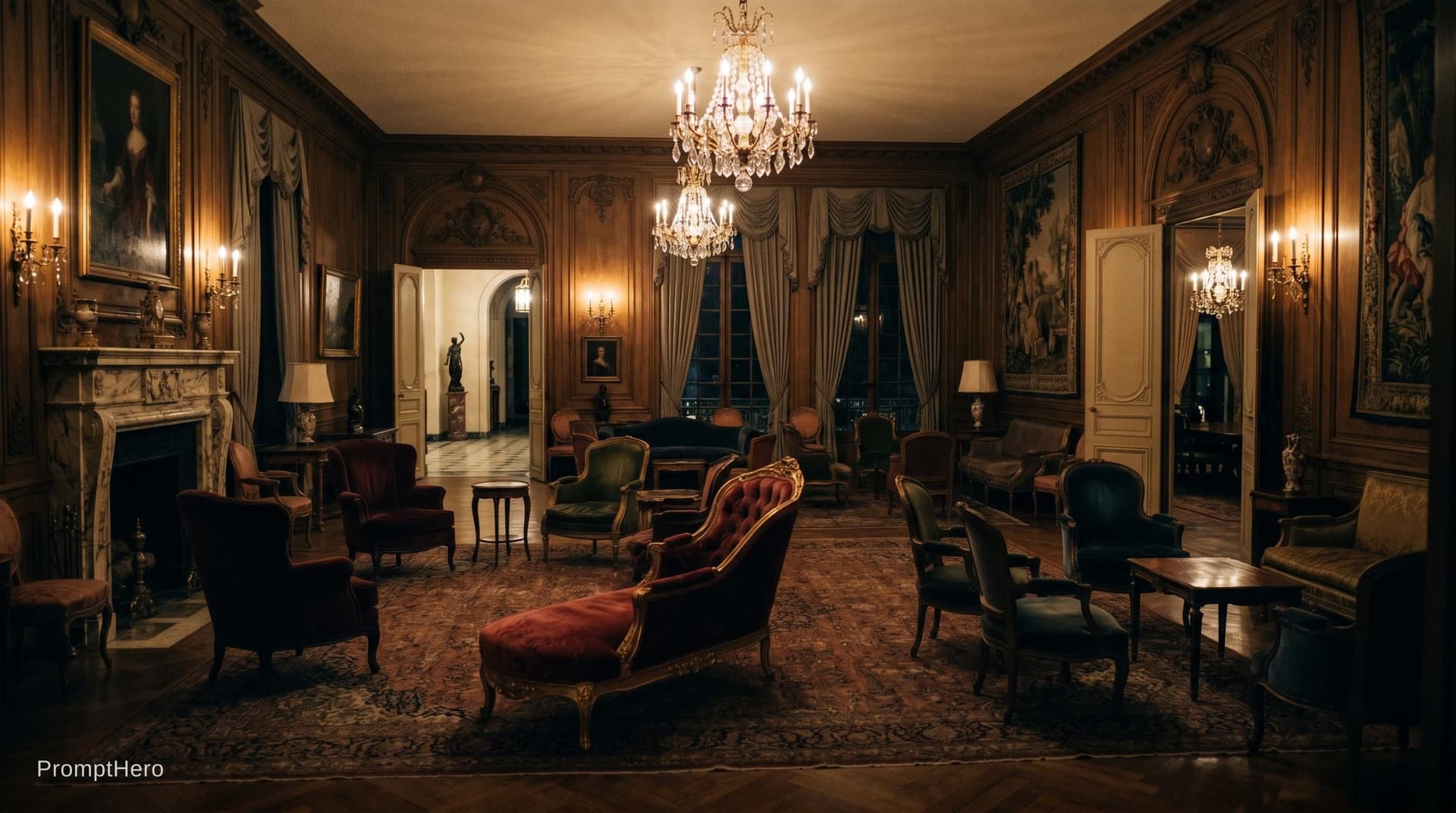AI generated: Create a large sitting room in an opulent mansion like in Eyes Wide Shut. The Room is empty of guest...
