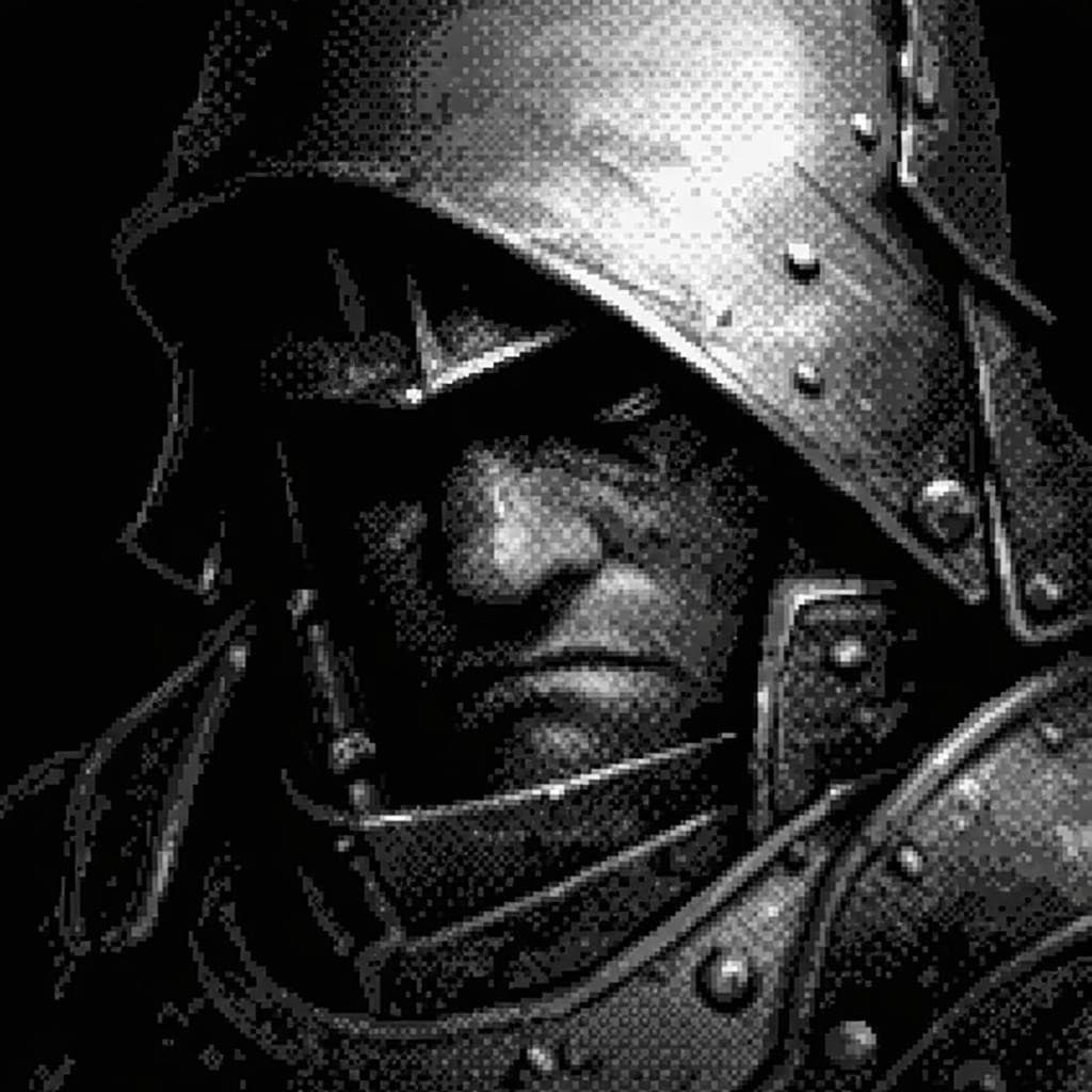 AI generated: Adelbert Steiner from Final Fantasy IX, pixelated grayscale style, dithering effect, monochrome blac...