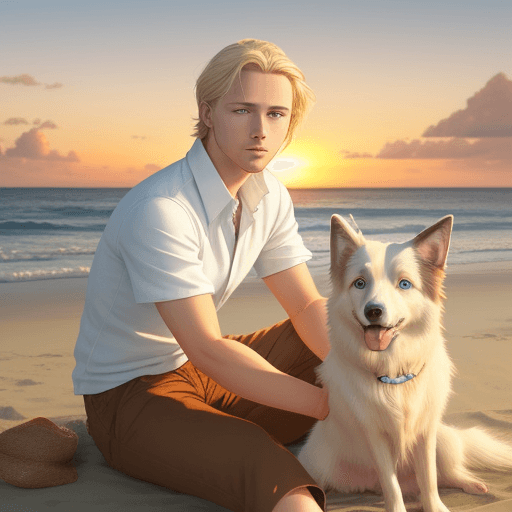 AI generated: man, blond hair, blue eyes, white shirt, with dog, border collie, golden eyes, dark brown, sitting, ...