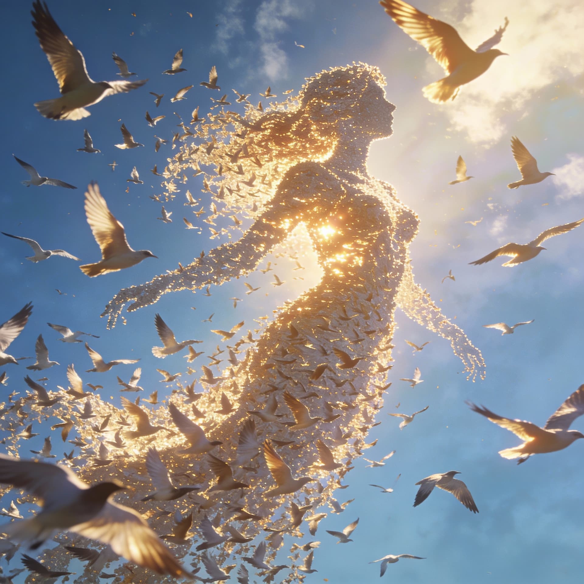AI generated: In the sky, thousands of birds fly together in perfect harmony, forming the shape of a giant, elegan...