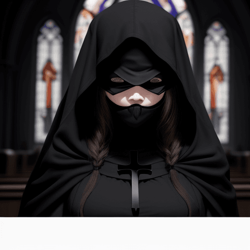 AI generated: woman wearing a dark tunic with a cross drawn on the hood covering her eyes, leaving only her mouth ...