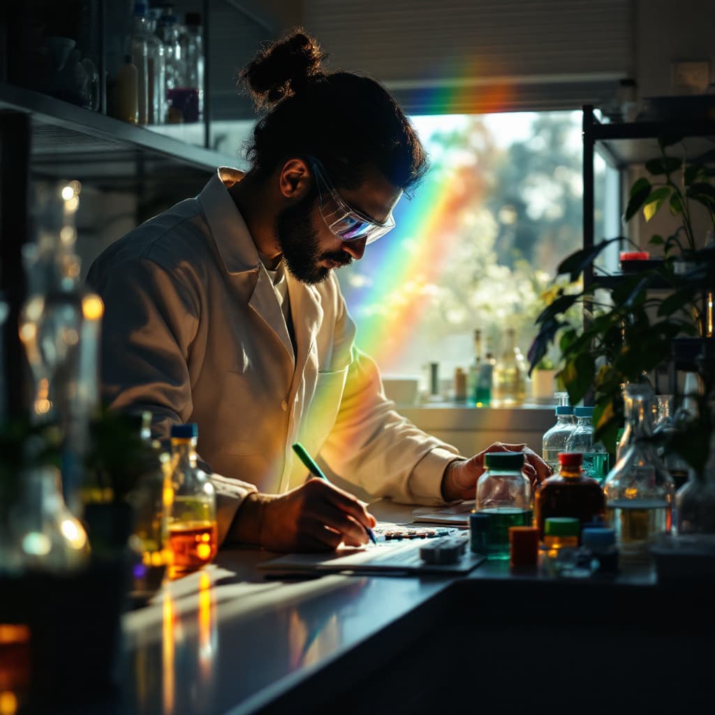 AI generated: genarate a landscape of a person in the lab carrying out lab work with a ray of rainbow hitting on t...
