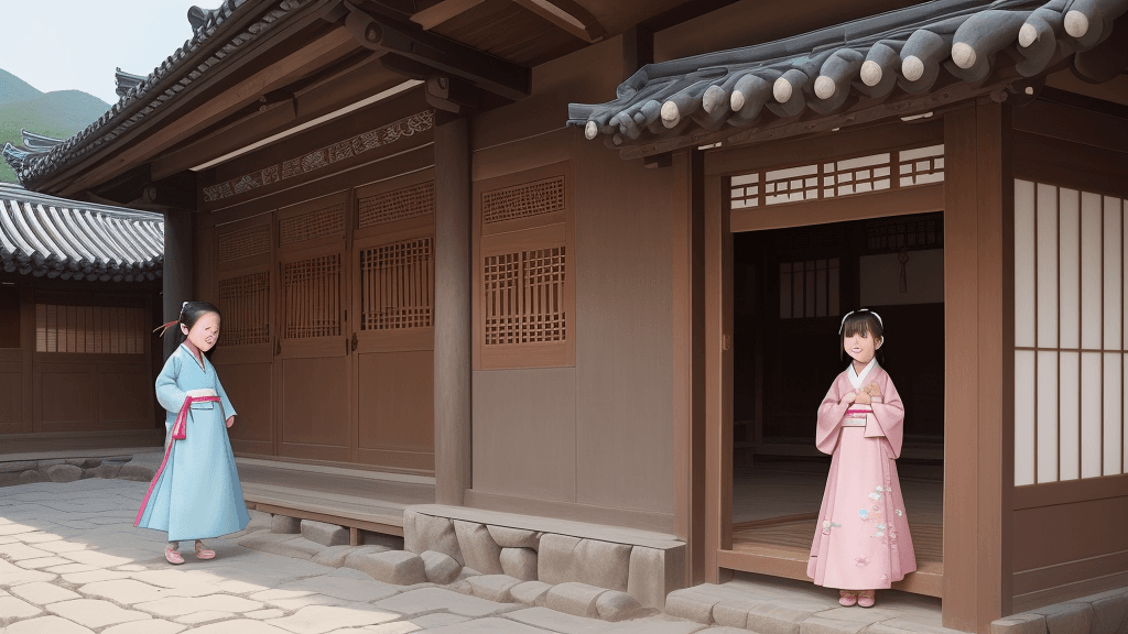 AI generated: Envision a scene where a young girl, dressed in a modest hanbok, is joyfully playing in front of an ...