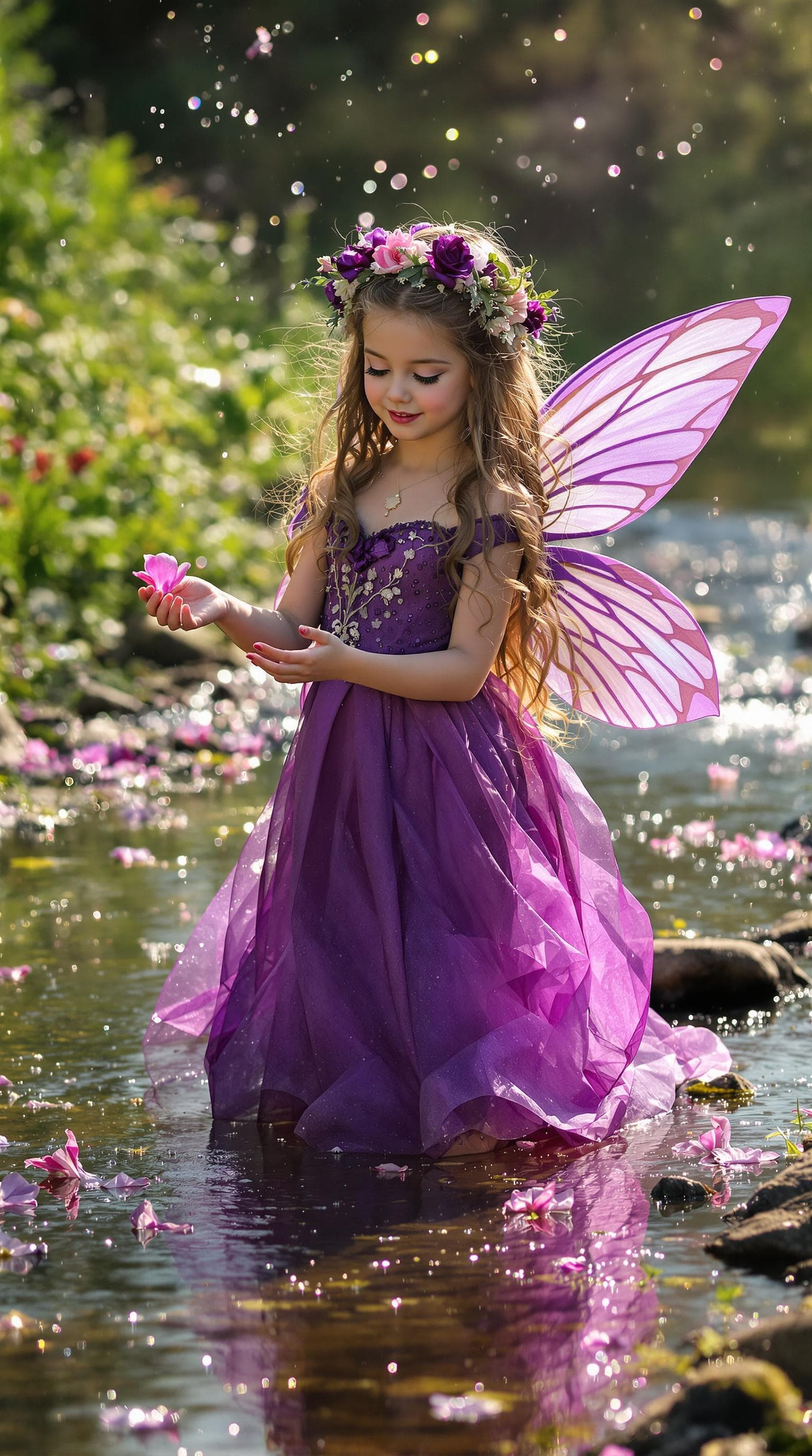 AI generated:  professional photo of a  exceptionally beautiful tiny seven year old fairy girl, with long hair, (w...