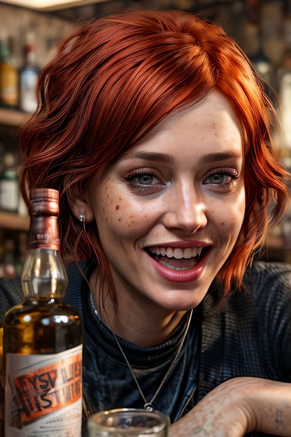 AI generated: a woman with red hair sticking out, She sits and laughs and winks at me, drunk,bar, a realistic grit...