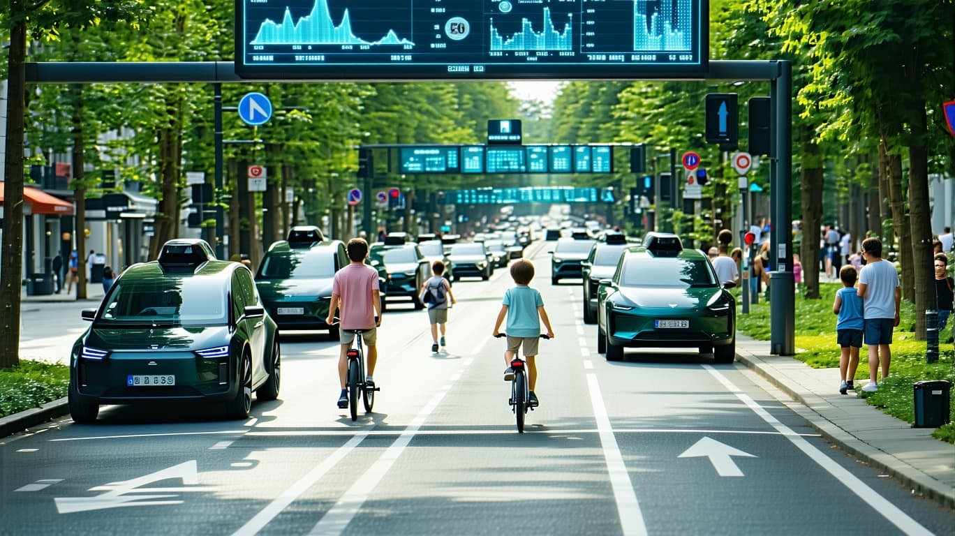 AI generated: A clean, green street with autonomous vehicles moving quietly alongside pedestrians. People are walk...