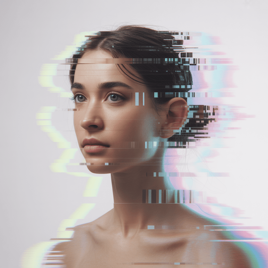 AI generated: portrait of woman, gaze, white background, minimal aesthetic, digital distortion and fragmented inte...