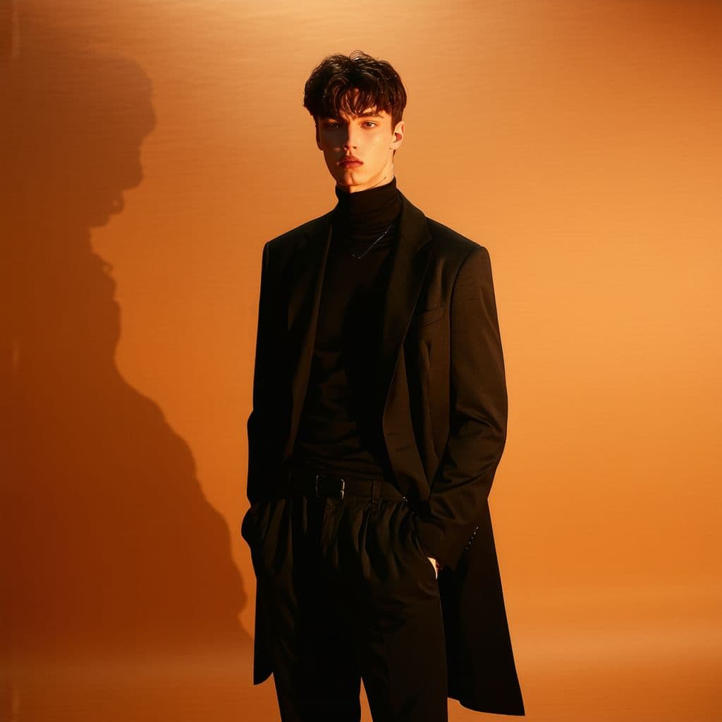 AI generated: fashion editorial photography, front shot, full-body, professional korean male model, shot with hass...