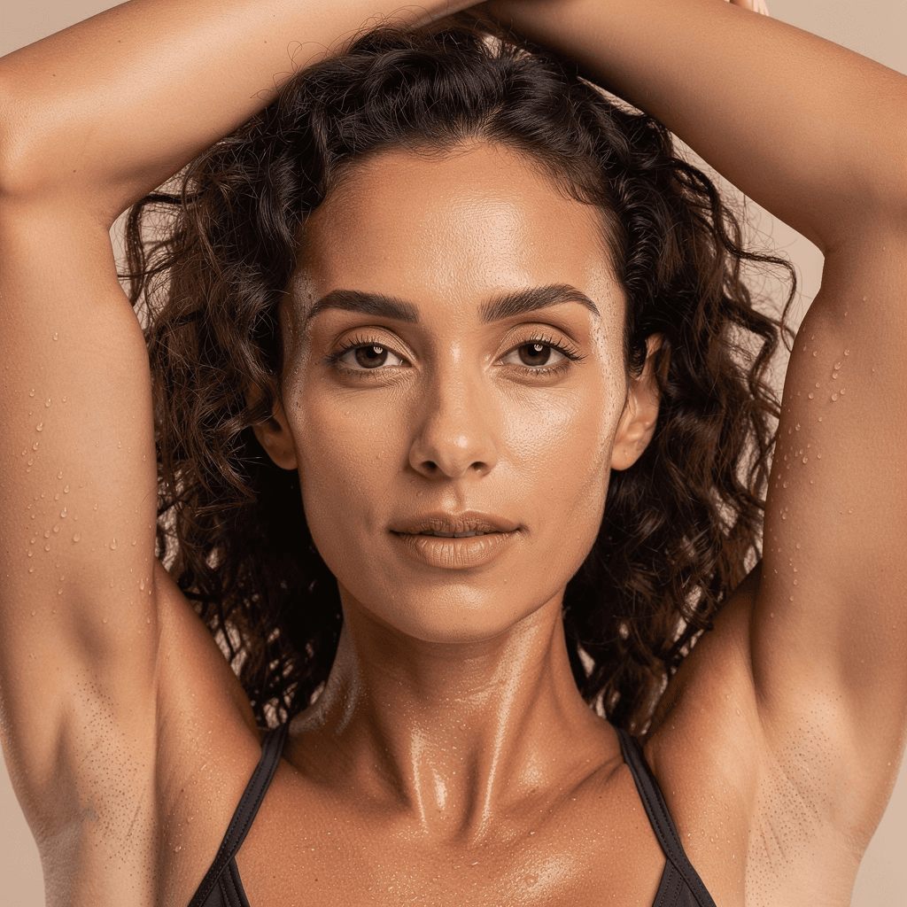 AI generated: 18 years curly girl shaved armpits close up, both arms up, detailed armpits, maintain the same compl...