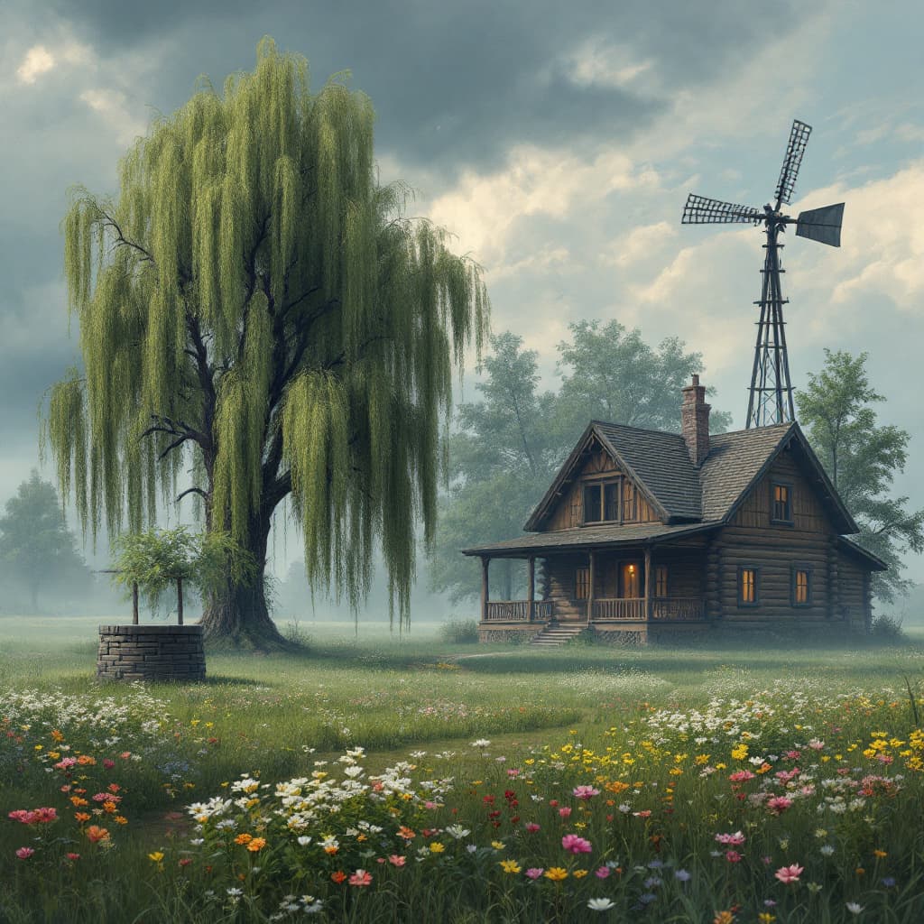 AI generated: acrylics HD 3D hyper realistic, a flowery meadow in the fog with a large log cabin with wrap around ...