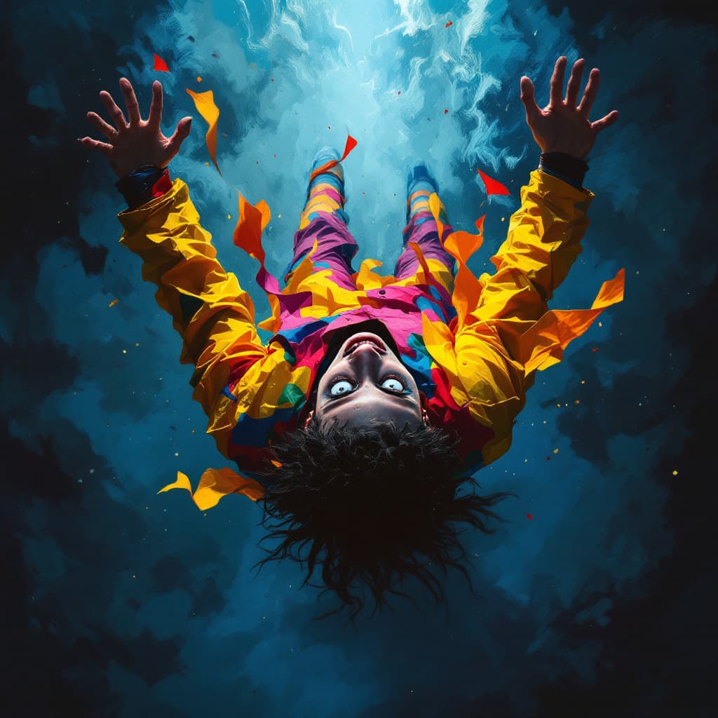AI generated: A brightly dressed, fragile young man falling backwards into an endless dark void, expression filled...