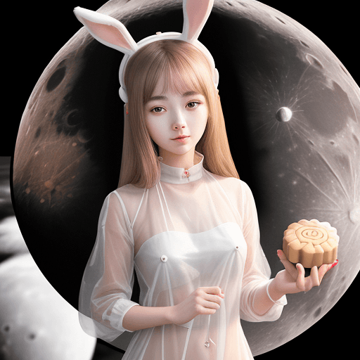 AI generated: 21 year old girl with rabbit ears on her head and transparent clothes making mooncakes on the moon