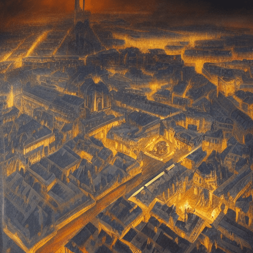AI generated: Medieval Paris, aerial perspective, storm, lightning night, oil on canvas painting, masterpiece, Got...