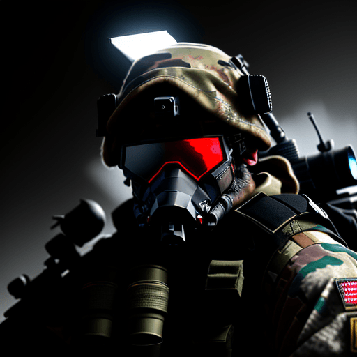 AI generated: wolf soldier wearing joint task force loadout and red NVG scopes on face, sniper on his back, reflec...