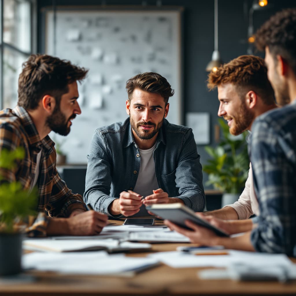 AI generated: Group of dynamic people, men and women, discussing with each other, technical IT background in a fri...