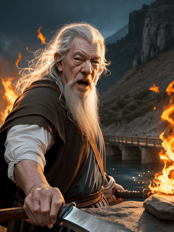 AI generated: ian mcKellen as gandalf on a stone bridge,screaming face,(holding staff and sword),looking at the vi...