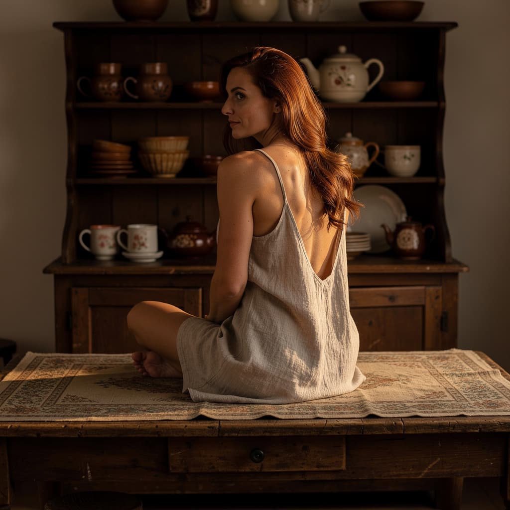 AI generated: Create a photorealistic image of a fit, nude adult woman sitting on a table in an old-fashioned kitc...